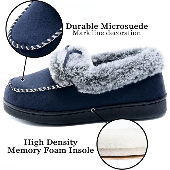 Women's Dark Blue Fuzzy Fluffy Warm Winter Closed Back Fur Lined Slippers Boot - Picture 3 of 6